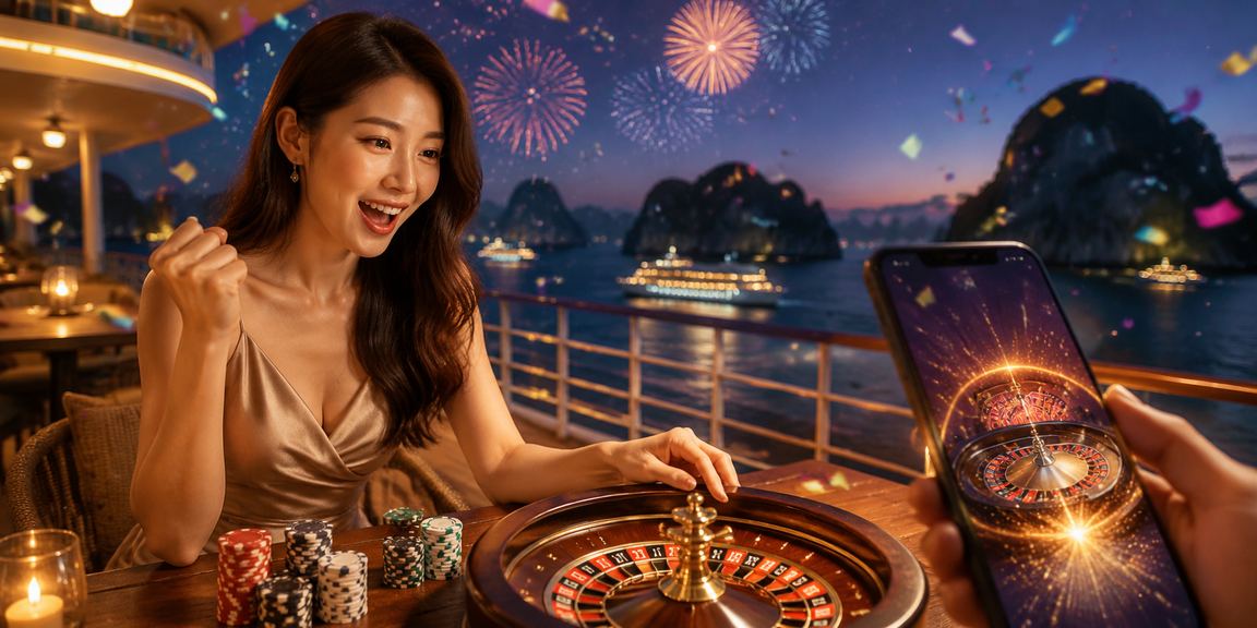 Người chơi Roulette trực tuyến tại Hạ Long Bay bên ly cà phê buổi tối